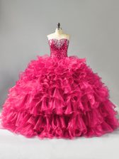Pretty Hot Pink Ball Gowns Sweetheart Sleeveless Organza Floor Length Lace Up Beading and Ruffles Vestidos de Quinceanera