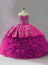  Ball Gowns Quinceanera Dresses Fuchsia Sweetheart Fabric With Rolling Flowers Sleeveless Floor Length Lace Up
