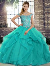 Free and Easy Sleeveless Brush Train Beading and Ruffles Lace Up Quinceanera Dresses