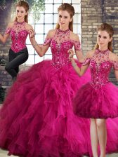 Best Selling Beading and Ruffles Sweet 16 Quinceanera Dress Fuchsia Lace Up Sleeveless Floor Length