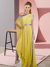 Classical Yellow Chiffon Side Zipper One Shoulder Sleeveless Asymmetrical Sequins