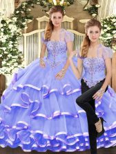 Inexpensive Lavender Organza Lace Up Quinceanera Gown Sleeveless Floor Length Beading and Ruffled Layers