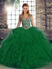 Modest Green Lace Up Sweet 16 Dress Beading and Ruffles Sleeveless Floor Length