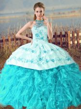 Sumptuous Aqua Blue Ball Gowns Organza Halter Top Sleeveless Embroidery and Ruffles Lace Up Quince Ball Gowns Court Train