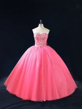  Hot Pink Sleeveless Floor Length Beading Side Zipper 15 Quinceanera Dress