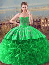 Luxury Green Sleeveless Fabric With Rolling Flowers Lace Up Quinceanera Gown for Sweet 16 and Quinceanera