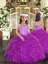On Sale Floor Length Purple Little Girl Pageant Gowns Tulle Sleeveless Beading and Ruffles