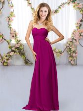 Most Popular Fuchsia Empire Sweetheart Sleeveless Chiffon Floor Length Criss Cross Beading Dama Dress