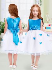 Fine Knee Length White Toddler Flower Girl Dress Organza Sleeveless Appliques and Bowknot