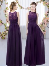  Dark Purple Chiffon Zipper Damas Dress Sleeveless Floor Length Lace