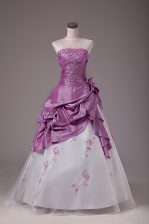 Admirable Strapless Sleeveless Lace Up 15th Birthday Dress White And Purple Organza and Taffeta
