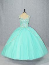 Beautiful Beading 15th Birthday Dress Apple Green Lace Up Cap Sleeves Brush Train