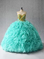 Flare Sleeveless Fabric With Rolling Flowers Court Train Lace Up 15 Quinceanera Dress in Aqua Blue with Beading and Ruffles
