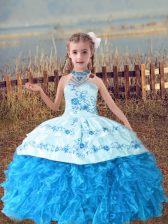 Inexpensive Sleeveless Lace Up Floor Length Beading and Embroidery and Ruffles Little Girl Pageant Gowns