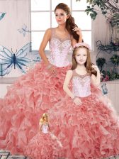  Watermelon Red Sleeveless Beading and Ruffles Floor Length Quinceanera Dress