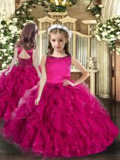 Hot Selling Sleeveless Tulle Floor Length Lace Up Little Girls Pageant Dress Wholesale in Fuchsia with Ruffles