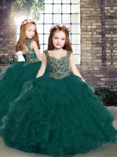  Floor Length Lace Up Little Girls Pageant Dress Peacock Green for Party and Sweet 16 and Wedding Party with Beading and Ruffles