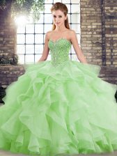 Fashionable Sleeveless Beading and Ruffles Lace Up Ball Gown Prom Dress with Brush Train