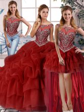 Dazzling Brush Train Three Pieces 15 Quinceanera Dress Wine Red Scoop Organza Sleeveless Zipper