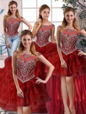 Clearance Wine Red Sleeveless Organza Brush Train Zipper Quinceanera Dress for Military Ball and Sweet 16 and Quinceanera