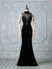 Decent Black Zipper Evening Dress Beading Sleeveless Brush Train