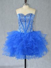  Blue Lace Up Homecoming Dress Beading and Ruffles Sleeveless Mini Length