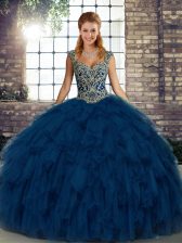 Gorgeous Organza Straps Sleeveless Lace Up Beading and Ruffles Quinceanera Gowns in Blue