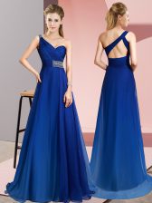  Chiffon One Shoulder Sleeveless Brush Train Criss Cross Beading Prom Gown in Blue