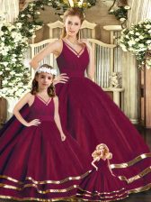 Graceful Sleeveless Tulle Floor Length Backless Quinceanera Dress in Burgundy with Ruffled Layers