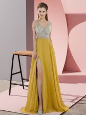 Discount V-neck Sleeveless Sweep Train Zipper Prom Dresses Gold Chiffon