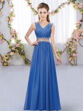  Blue Chiffon Lace Up V-neck Sleeveless Floor Length Quinceanera Dama Dress Beading and Belt