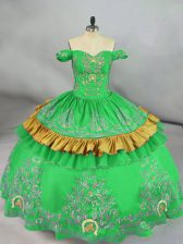 Fine Green Off The Shoulder Neckline Embroidery Quinceanera Dress Sleeveless Lace Up