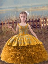 Beauteous Fabric With Rolling Flowers Straps Sleeveless Sweep Train Lace Up Embroidery Kids Pageant Dress in Brown