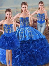 Wonderful Floor Length Royal Blue Quinceanera Gowns Fabric With Rolling Flowers Sleeveless Embroidery and Ruffles