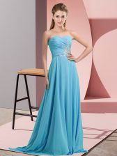  Aqua Blue Chiffon Lace Up Sleeveless Floor Length Beading