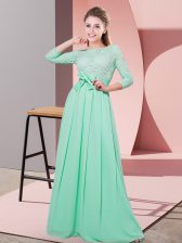  Apple Green Scoop Neckline Lace and Belt Quinceanera Court of Honor Dress 3 4 Length Sleeve Side Zipper