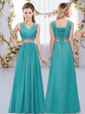 Simple Teal V-neck Lace Up Beading and Belt Dama Dress Sleeveless