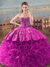  Fuchsia Lace Up Sweetheart Embroidery and Ruffles Sweet 16 Dress Fabric With Rolling Flowers Sleeveless Brush Train