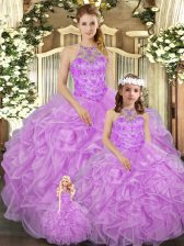  Lilac Tulle Lace Up Quinceanera Gown Sleeveless Floor Length Beading and Ruffles