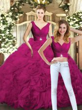 Fashion Floor Length Two Pieces Sleeveless Fuchsia Sweet 16 Dresses Backless