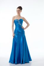  Blue Mermaid Sweetheart Sleeveless Beading and Ruching Floor Length Zipper Dress for Prom