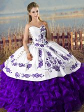  Floor Length White And Purple Quince Ball Gowns Satin and Organza Sleeveless Embroidery and Ruffles