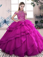 Fuchsia Lace Up High-neck Beading and Ruffled Layers Quinceanera Dress Organza Sleeveless