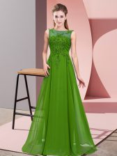  Green Empire Scoop Sleeveless Chiffon Floor Length Zipper Beading and Appliques Quinceanera Dama Dress