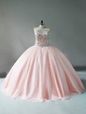  Pink Tulle Vestidos de Quinceanera Sleeveless Floor Length Beading