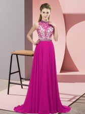 Extravagant Fuchsia Empire Chiffon Halter Top Sleeveless Beading Backless Prom Gown Brush Train