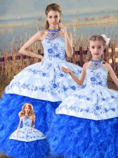Unique Blue And White Organza Lace Up Halter Top Sleeveless Floor Length Sweet 16 Dresses Court Train Embroidery and Ruffles