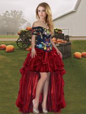  Wine Red Organza Lace Up Evening Dress Sleeveless High Low Embroidery and Ruffles
