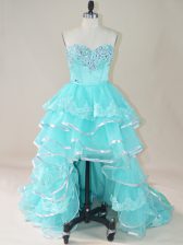 Noble Aqua Blue Sleeveless Beading and Lace and Ruffled Layers High Low Evening Dress