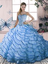 Luxury Blue Sweet 16 Quinceanera Dress Brush Train Sleeveless Beading and Ruffles